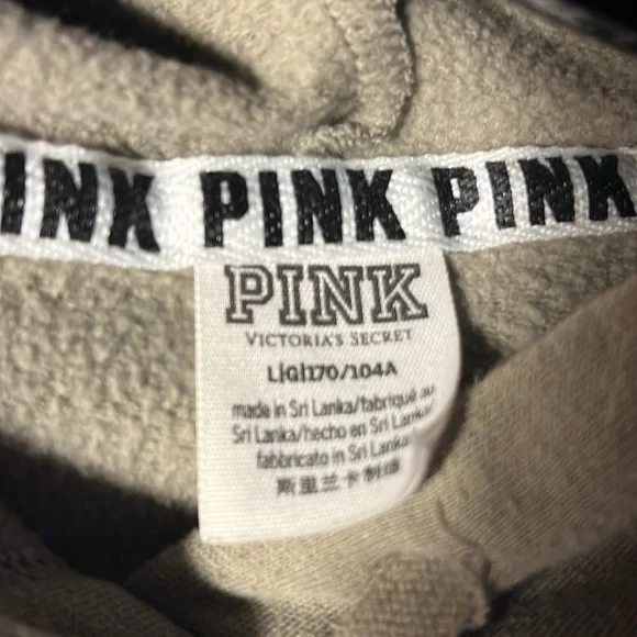 PINK VICTORIAS SECRET GREEN RUST SEQUINS GOLD SCRIPT SLEEVE CROP HOODIE LARGE - Picture 9 of 13